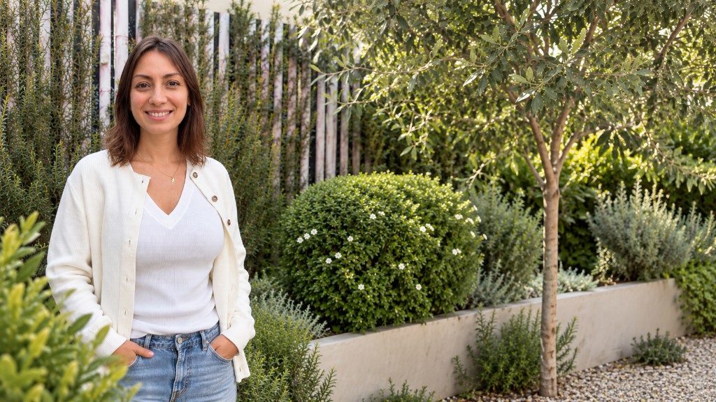Dra. Lena Oliva de pie en un jardín, sonriendo, con cardigan blanco y el verde de fondo.